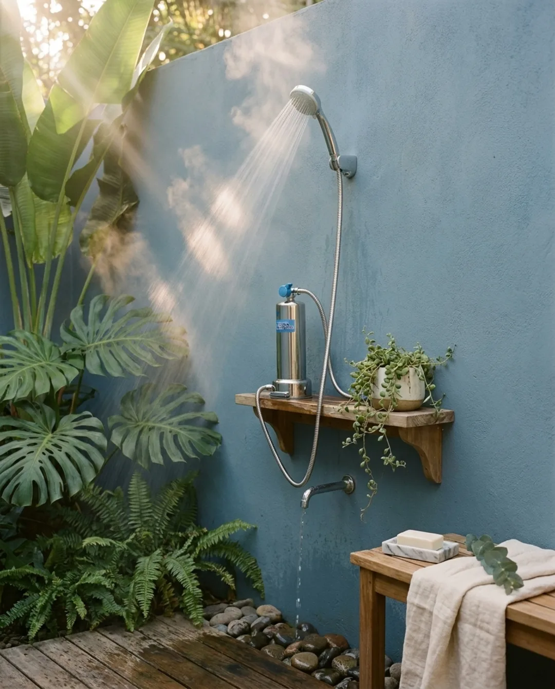 Chrome mineral shower filter mounted on a teak shelf in a Costa Rica jungle bathhouse, with a wall-mounted shower head spraying mineral water in golden-hour light.