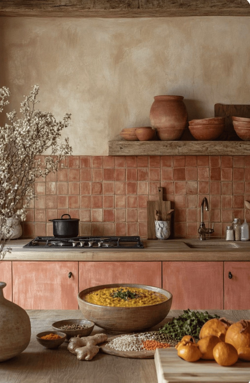 Rustic warm-toned kitchen at golden hour with a bowl of kitchari, fresh ginger, lentils, spices, and clay pottery — Costa Rica Ayurvedic cleanse setting.