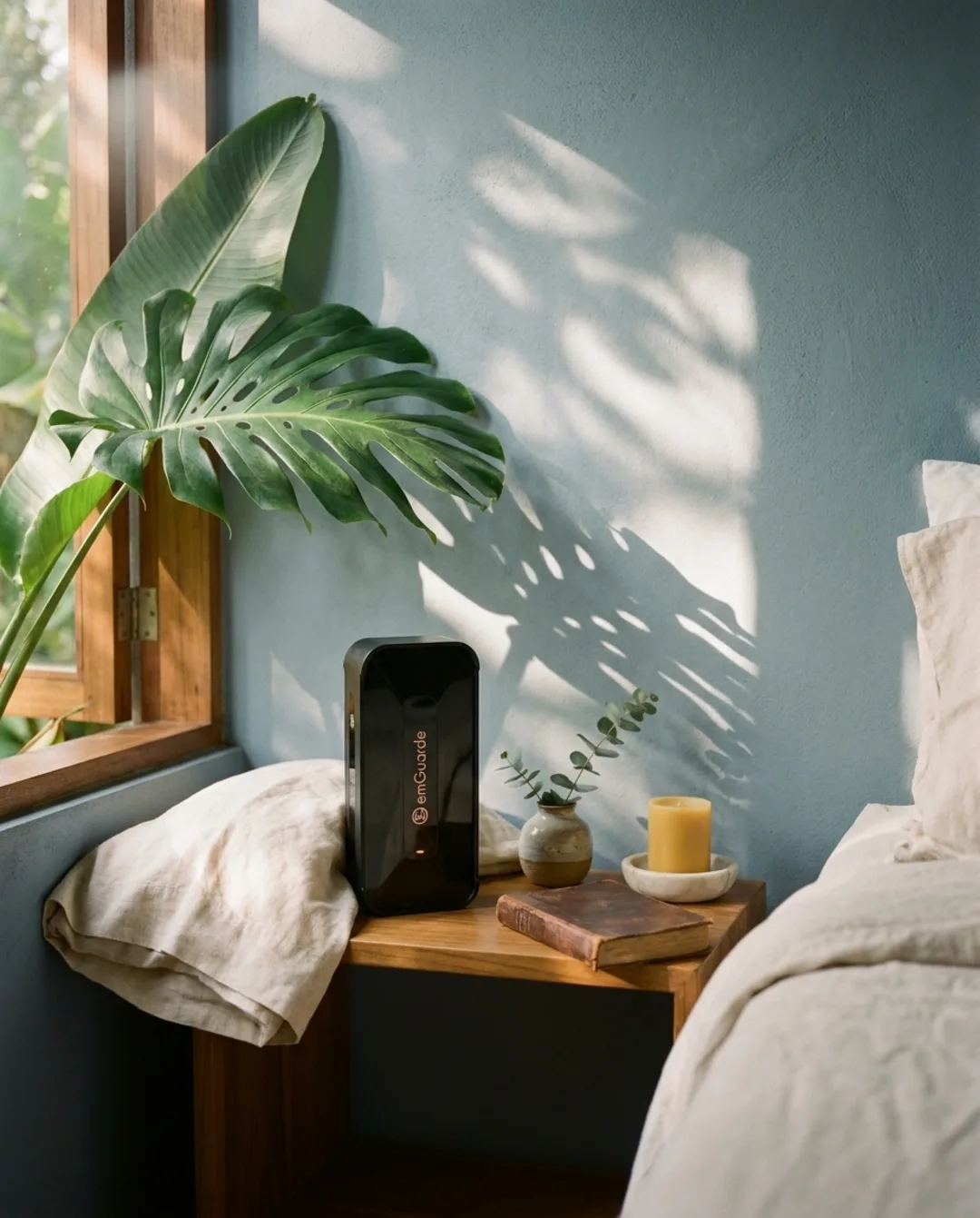 EMF radiation blocker unit on a teak nightstand in a quiet jungle bedroom, golden-hour light filtering through monstera leaves at the window.