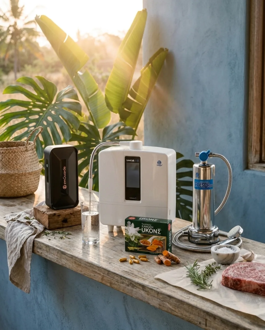 Electrolyzed water ionizer, EMF blocker, shower filter, turmeric supplements, and wagyu beef arranged on a teak counter in a sunlit jungle kitchen in Costa Rica at golden hour.