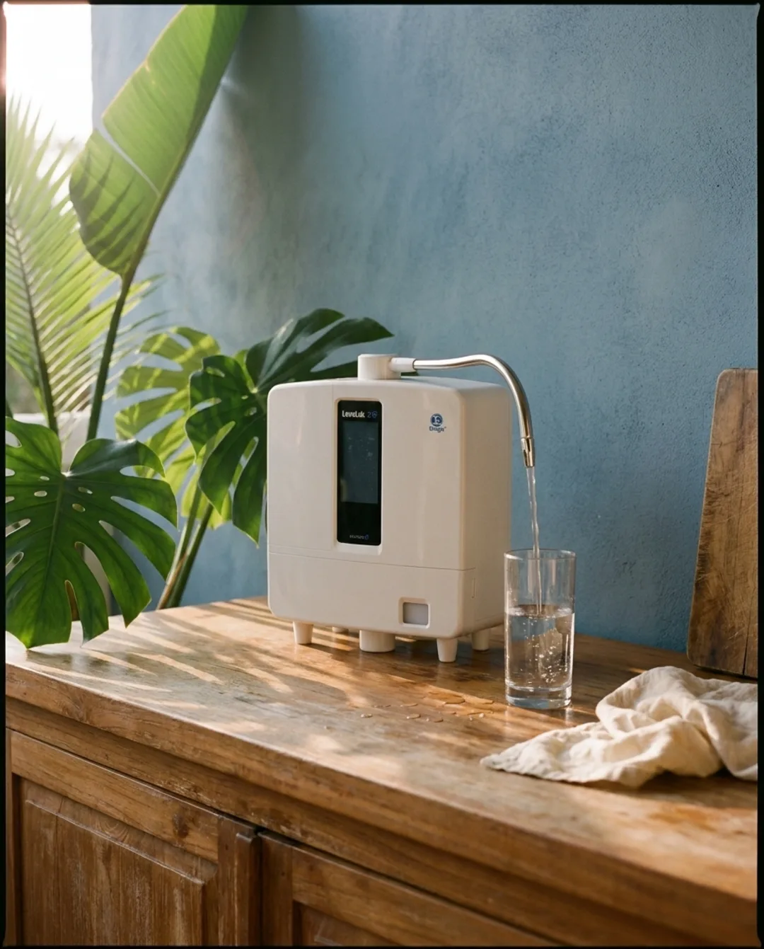Electrolyzed, hydrogen-rich water ionizer pouring water into a glass on a teak kitchen counter at golden hour, with monstera and dusty blue wall behind.