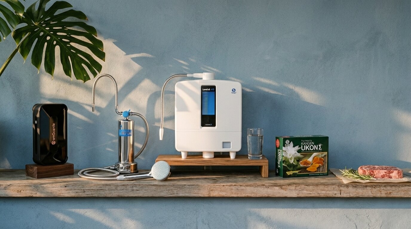 The Kingdom Package — five Blue Zone products arranged as a curated collection on a teak shelf against a dusty blue Costa Rican wall.