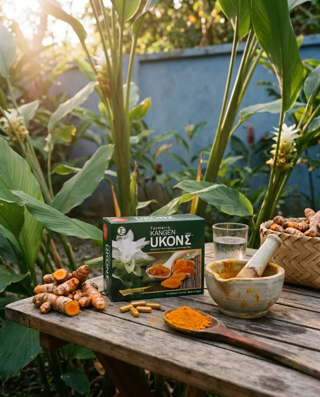 Turmeric supplement retail box on a teak garden table with fresh turmeric roots, capsules, ground turmeric powder, and a ceramic mortar in a tropical herb garden at golden hour.