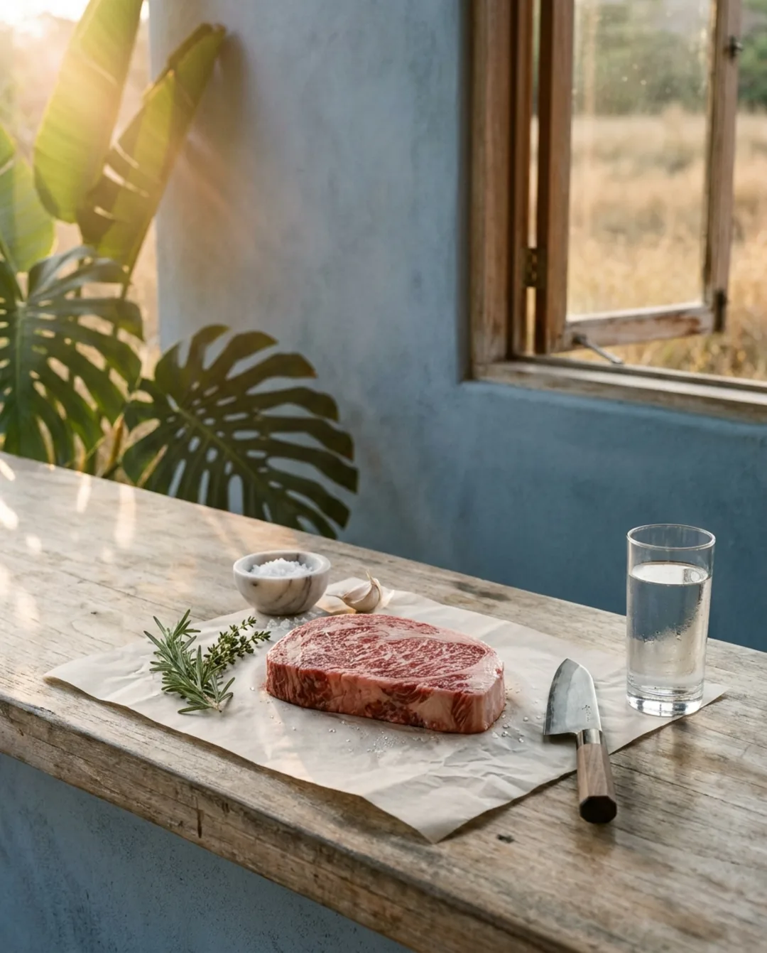 A5 wagyu beef cut with rosemary, sea salt, Japanese knife, and living water on a teak counter — California grass meadow visible through the window.